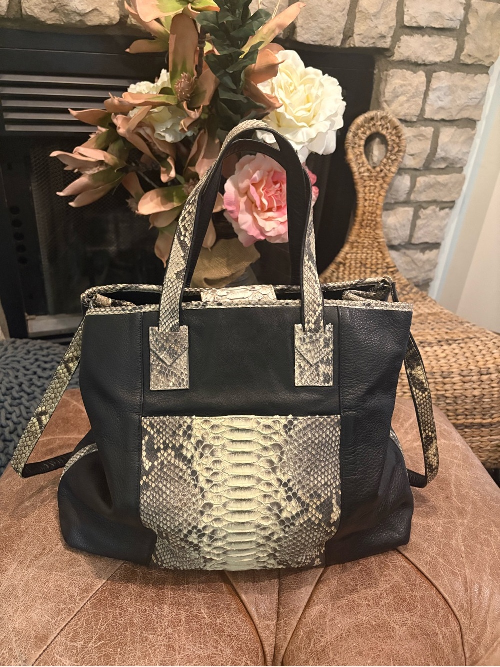 Carlos Falchi black leather tote with python leather